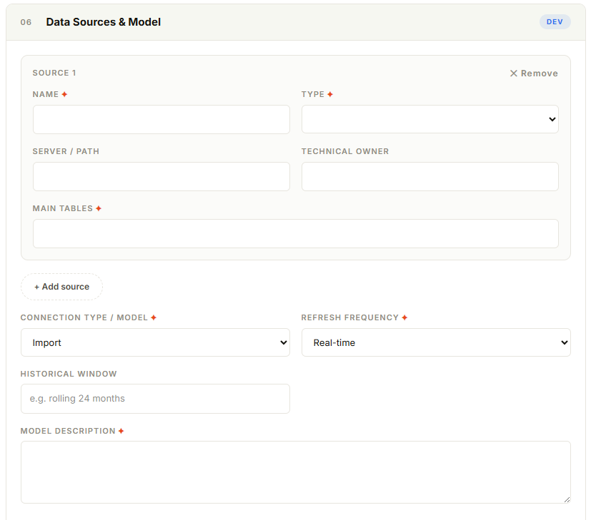 Data Sources & Model section documenting source type, server path, main tables, and refresh frequency