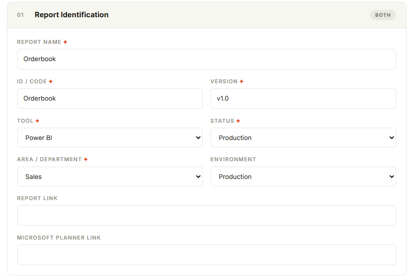 Report Identification form: name, ID/code, version, tool, status, area, and environment fields