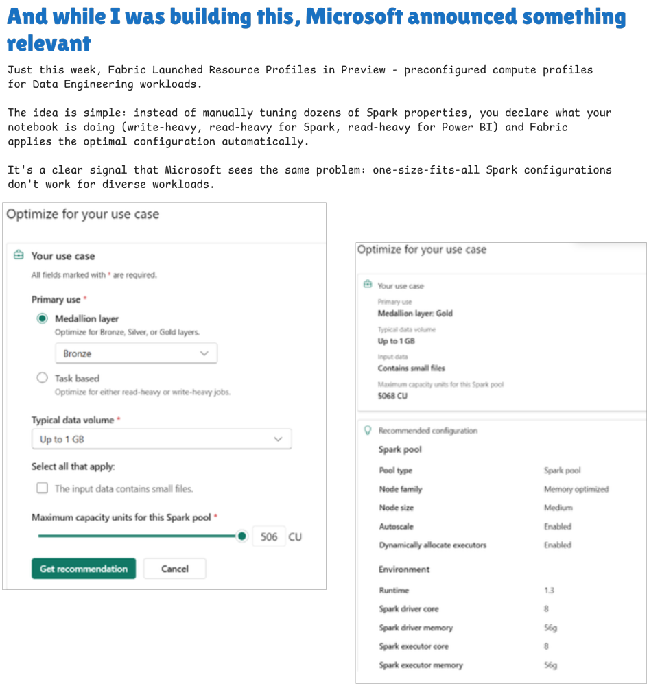 Resource Profiles preview UI: selecting a Medallion layer (Bronze/Silver/Gold) and data volume produces a recommended Spark pool configuration with node size, autoscale, and runtime settings